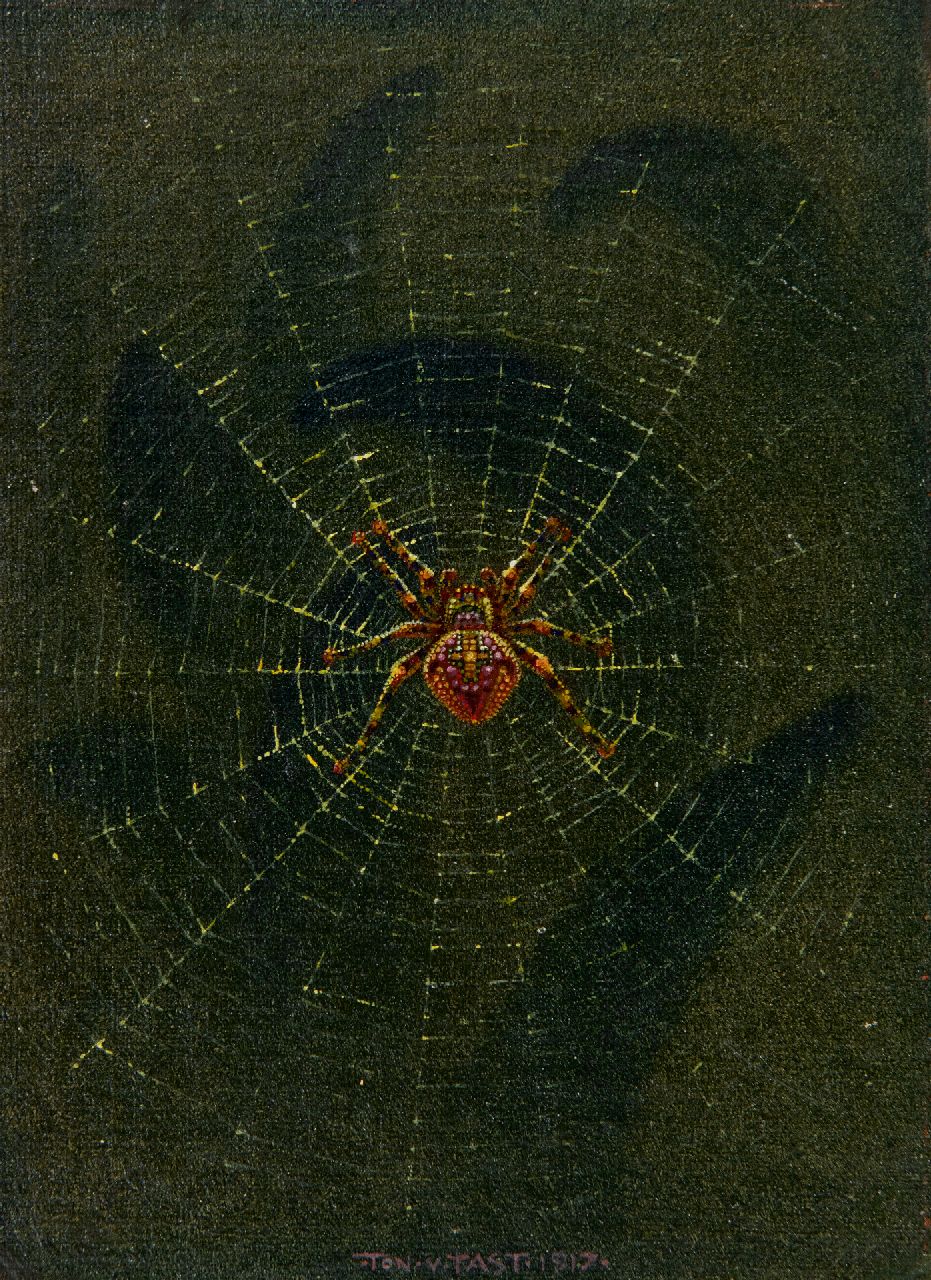 Tast (Anton van der Valk) T. van | Ton van Tast (Anton van der Valk) | Paintings offered for sale | Spider in a web, oil on canvas laid down on panel 17.5 x 13.0 cm, signed l.m. and dated 1917