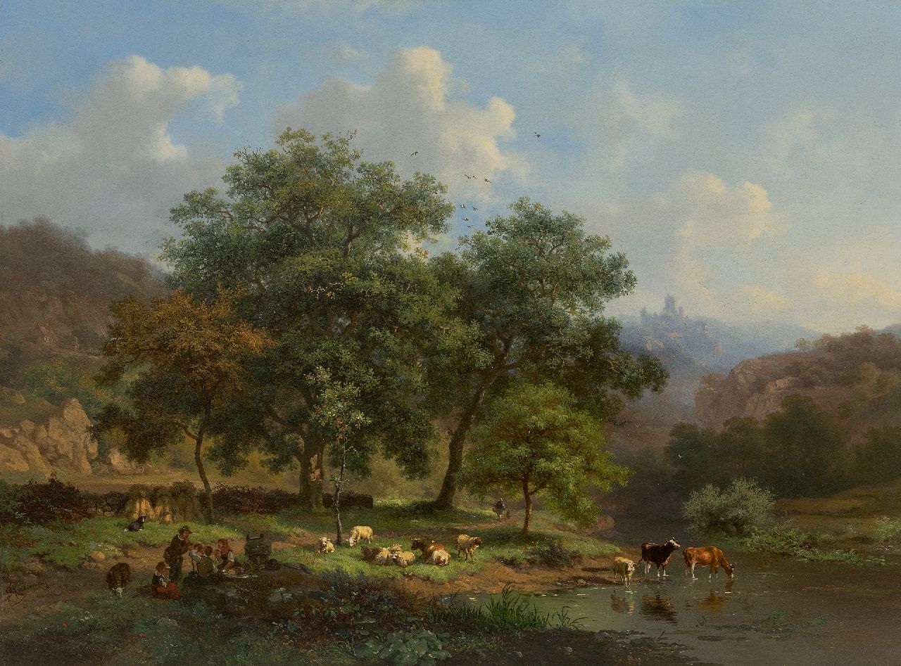 Kruseman F.M.  | Frederik Marinus Kruseman | Paintings offered for sale | Summer Landscape with resting land folk and cattle at a river, oil on panel 48.1 x 64.4 cm, signed l.l.