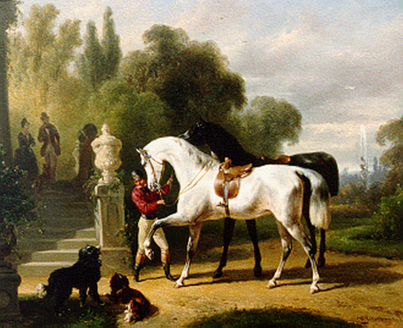 Verschuur W.  | Wouterus Verschuur, Preparing for a ride, oil on panel 23.3 x 28.3 cm, signed l.r.