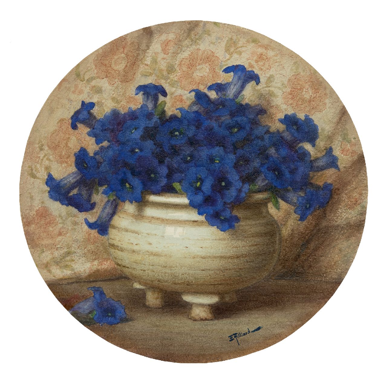 Filliard E.  | Ernest Filliard | Watercolours and drawings offered for sale | Purple flowers in earthenware pot, watercolour on paper, signed l.r.