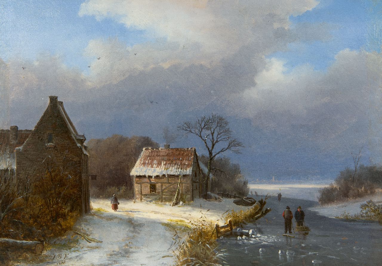 Klombeck J.B.  | Johann Bernard Klombeck, Winter landscape with skaters and wood gatherer, oil on panel 22.9 x 31.3 cm, signed l.l. with initials and dated 1841