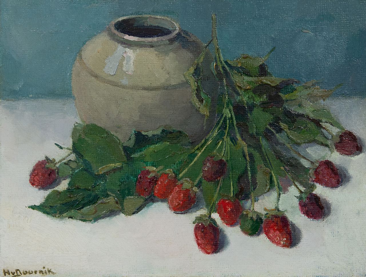 Doornik H. van | Heertje van Doornik, Still life of wild strawberries and ginger jar, oil on painter's board 24.0 x 31.6 cm, signed l.l.