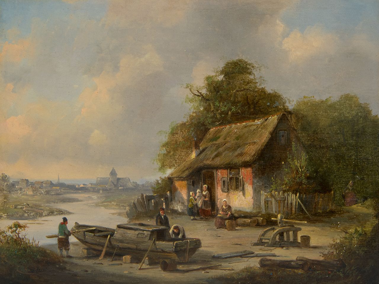 Carabain J.F.J.  | 'Jacques' François Joseph Carabain | Paintings offered for sale | A river landscape with a cottage and shipyard, oil on panel 19.3 x 25.3 cm, signed l.l.