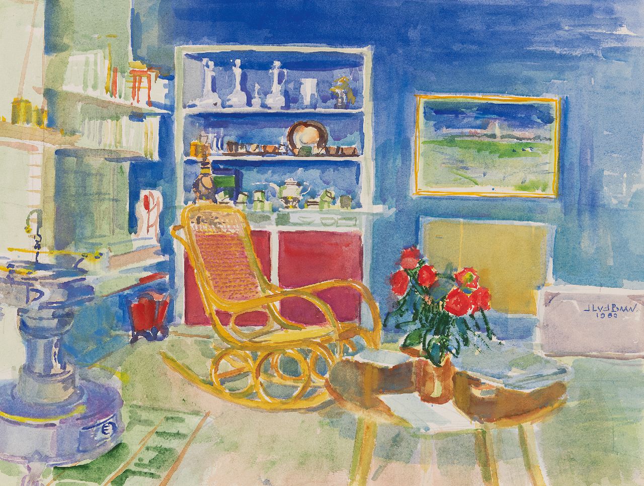 Baan J.L. van der | 'Jan' Lucas van der Baan | Watercolours and drawings offered for sale | Interior, watercolour on paper 47.0 x 62.5 cm, signed m.r. and dated 1980