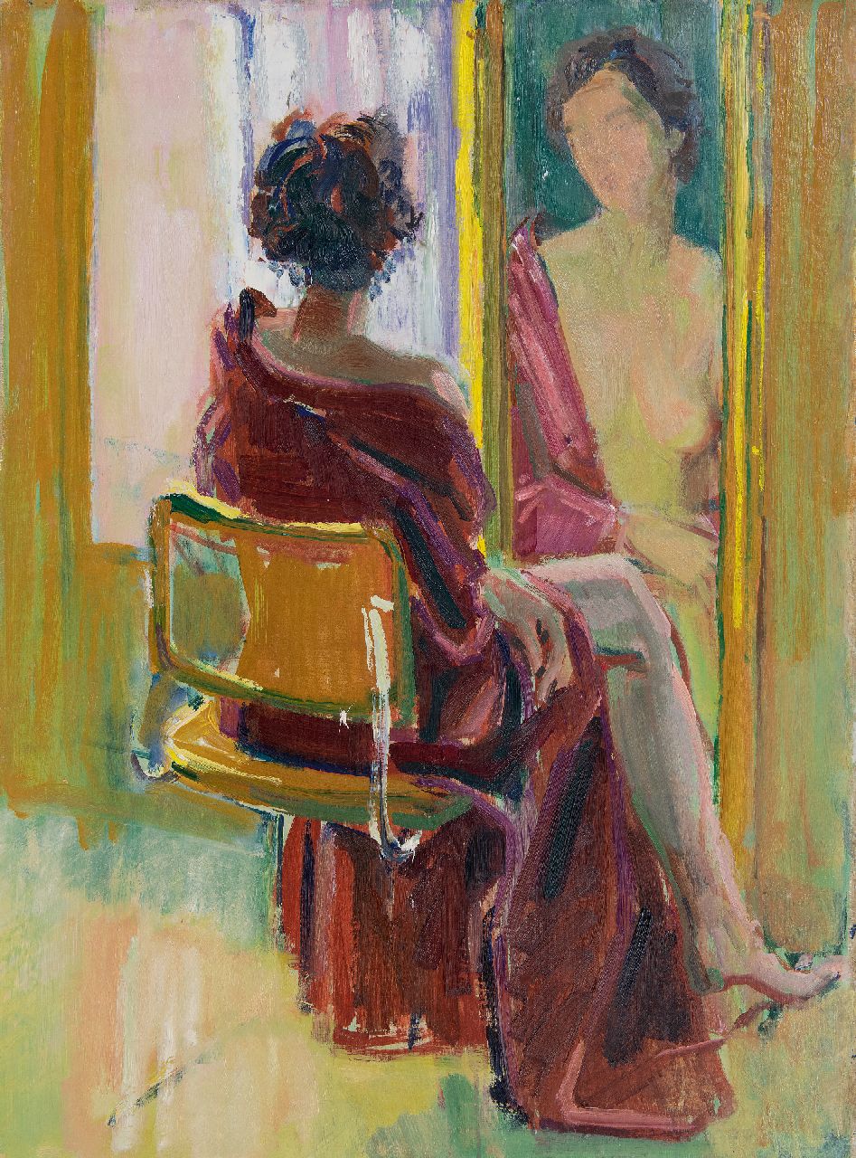 Baan J.L. van der | 'Jan' Lucas van der Baan | Paintings offered for sale | Female nude, sitting in front of a mirror, oil on canvas 80.4 x 60.5 cm, zonder lijst