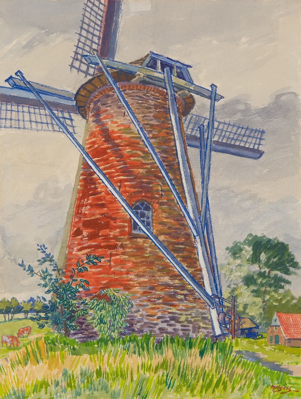 Melgers H.J.  | Hendrik Johan 'Henk' Melgers | Watercolours and drawings offered for sale | Windmill, gouache on paper 49.4 x 37.2 cm, signed l.r.