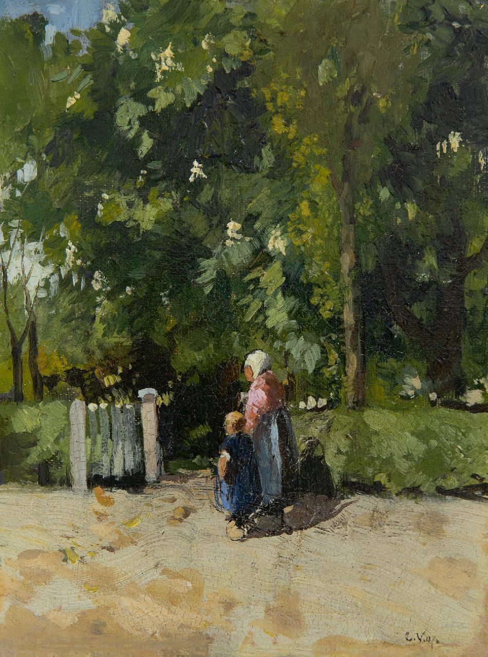 Vreedenburgh C.  | Cornelis Vreedenburgh | Paintings offered for sale | Mother and child at a garden gate, oil on canvas 21.4 x 16.2 cm, signed l.r. with initials and dated '07