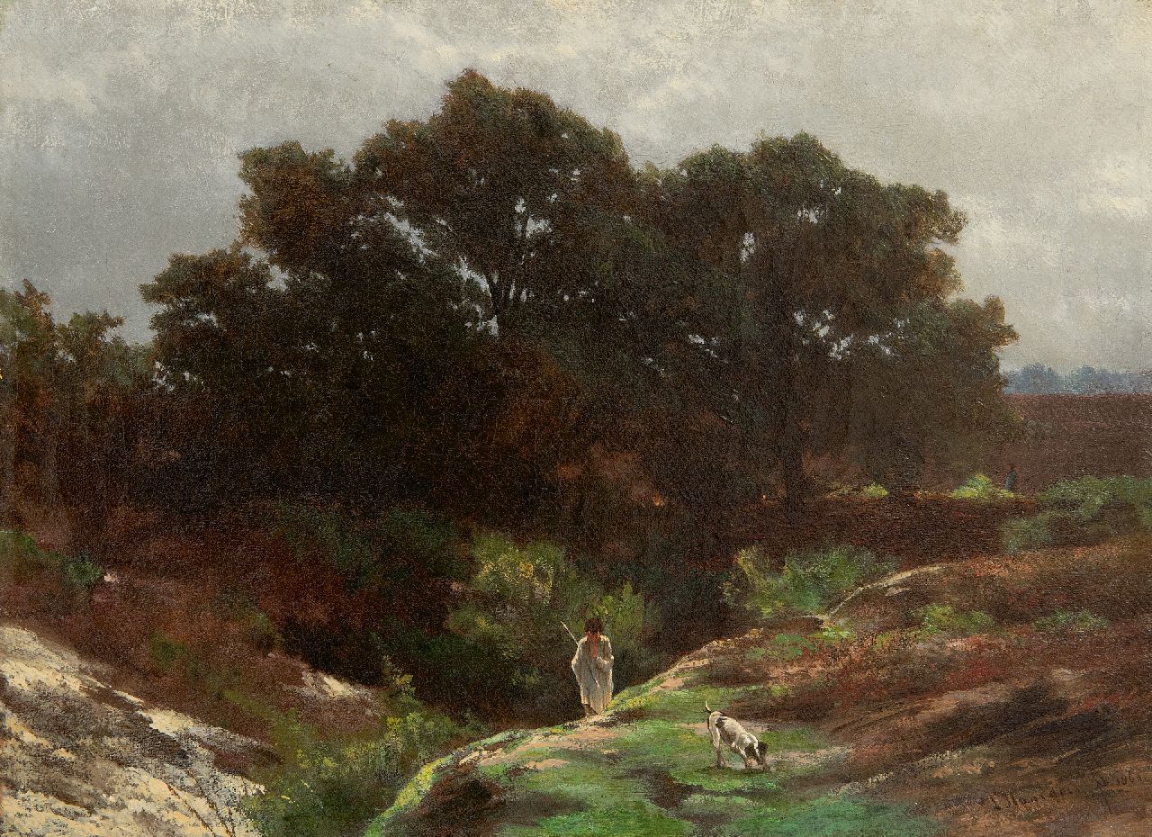 Hanedoes L.  | Louwrens Hanedoes | Paintings offered for sale | Shepherd boy with his dog in a heath landscape, oil on canvas 25.4 x 34.2 cm, signed l.r. and with the artist's stamp on the reverse and dated 1863