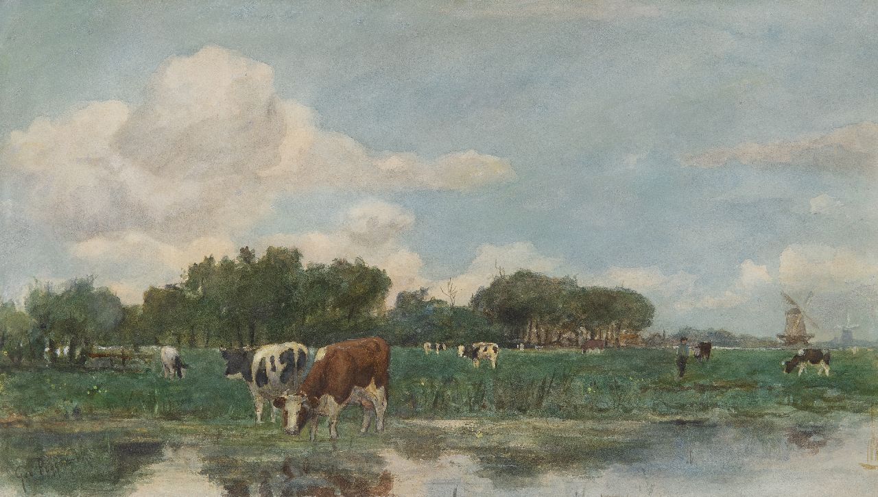 Poggenbeek G.J.H.  | George Jan Hendrik 'Geo' Poggenbeek | Watercolours and drawings offered for sale | Dutch polder landscape with cows and windmills, watercolour on paper 23.5 x 41.0 cm, signed l.l.