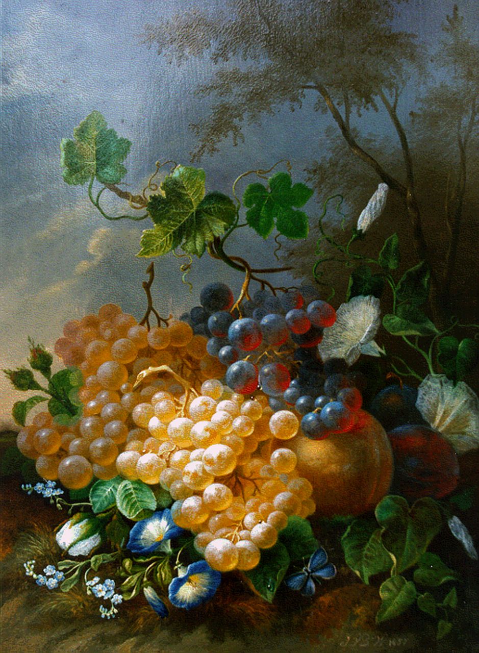 Waarden J. van der | Jan van der Waarden, A still life with flowers, peaches and grapes, oil on panel 34.6 x 26.7 cm, signed l.r. with initials and dated 1857