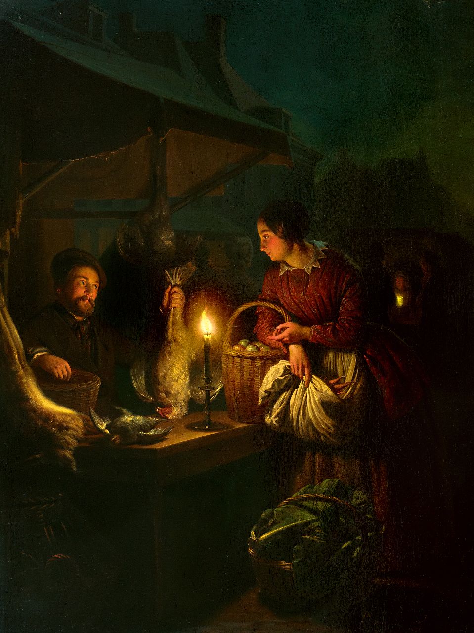 Schendel P. van | Petrus van Schendel, The game and poultry seller, by candle light, oil on panel 57.0 x 42.8 cm, signed l.r. and dated 1856