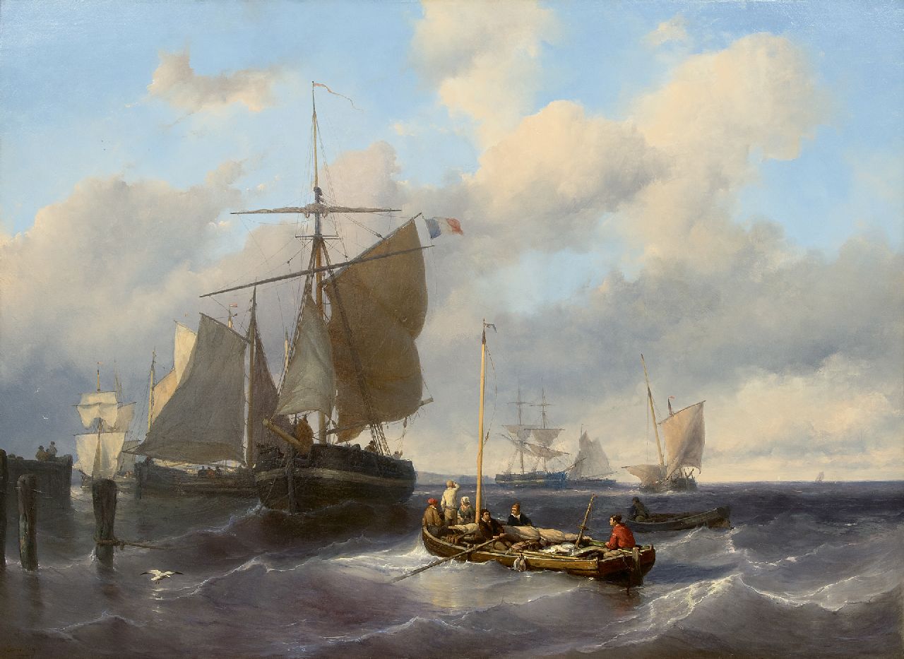 Meijer J.H.L.  | Johan Hendrik 'Louis' Meijer | Paintings offered for sale | Hoisting the sails at pier, oil on panel 79.8 x 110.5 cm, signed l.l.