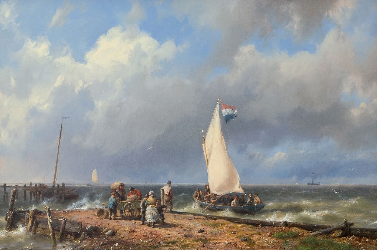 Koekkoek H.  | Hermanus Koekkoek, A Dutch sailing boat setting sail near a harbour entrance, oil on canvas 32.1 x 46.9 cm, signed l.r. and VERKOCHT