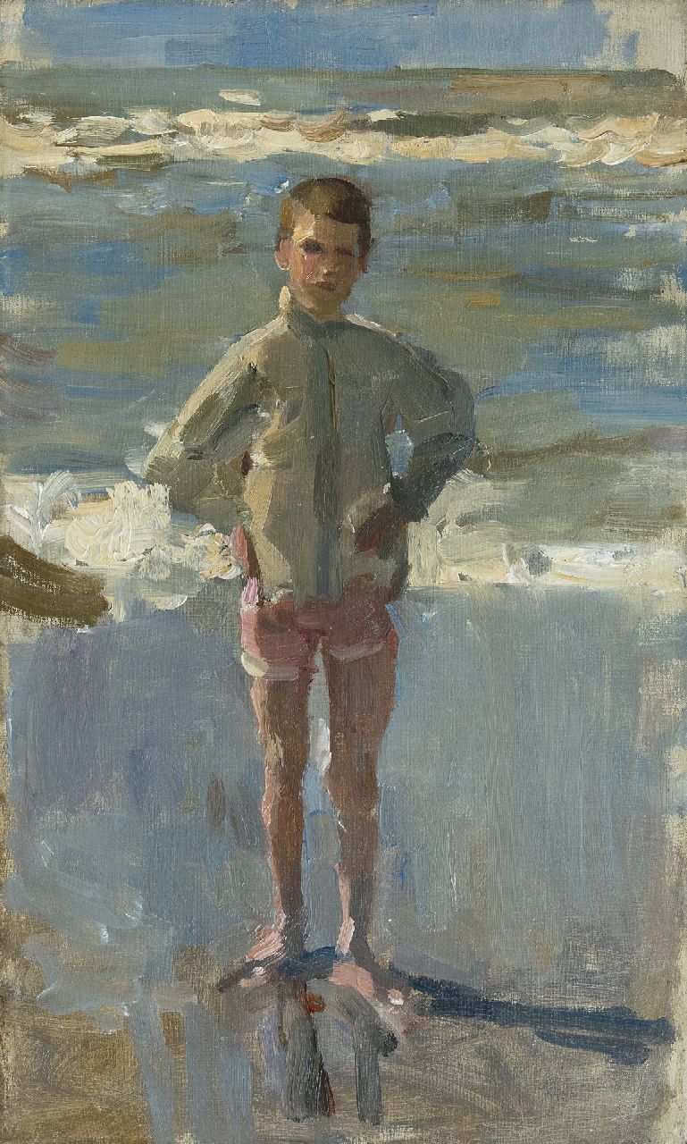 Israels I.L.  | 'Isaac' Lazarus Israels, Young boy on the beach in Scheveningen, oil on canvas 50.0 x 30.0 cm, signed on the stretcher and painted 1895-1905