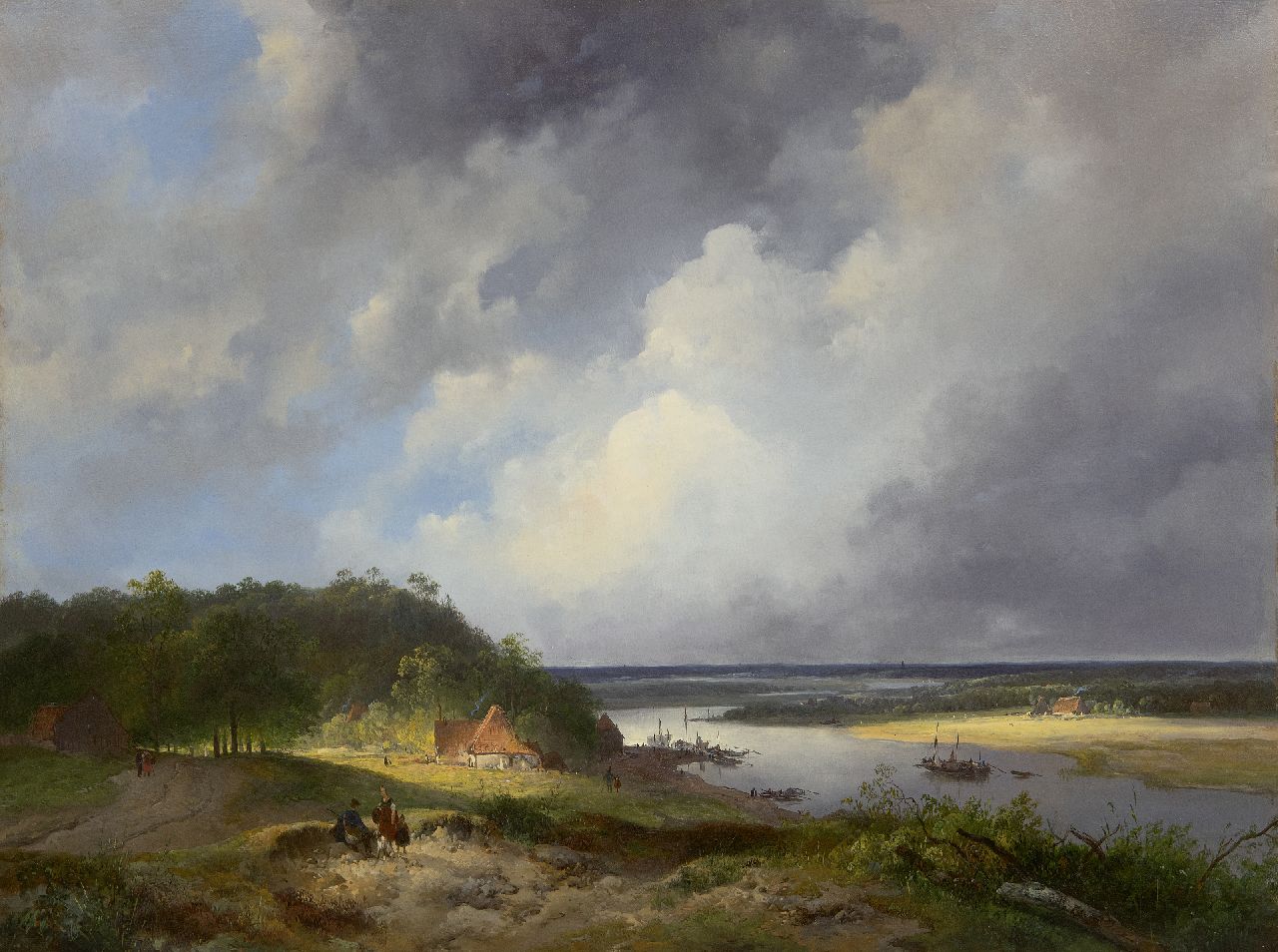 Nuijen W.J.J.  | Wijnandus Johannes Josephus 'Wijnand' Nuijen | Paintings offered for sale | An extensive river landscape, possible the river Rhine, oil on panel 41.9 x 55.3 cm, signed l.c. (indistinctly) and dated 1831