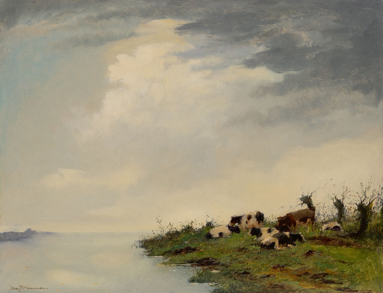Koeman J.J.  | Jacobus Jan 'Jac. J.' Koeman | Paintings offered for sale | Cows on the riverbank, oil on board 61.4 x 81.4 cm, signed l.l.