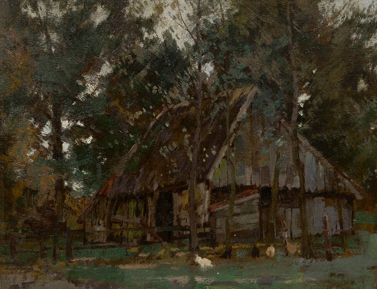 Piet Meiners | Barn in the woods, oil on canvas, 41.0 x 31.0 cm, signed l.r. with initials