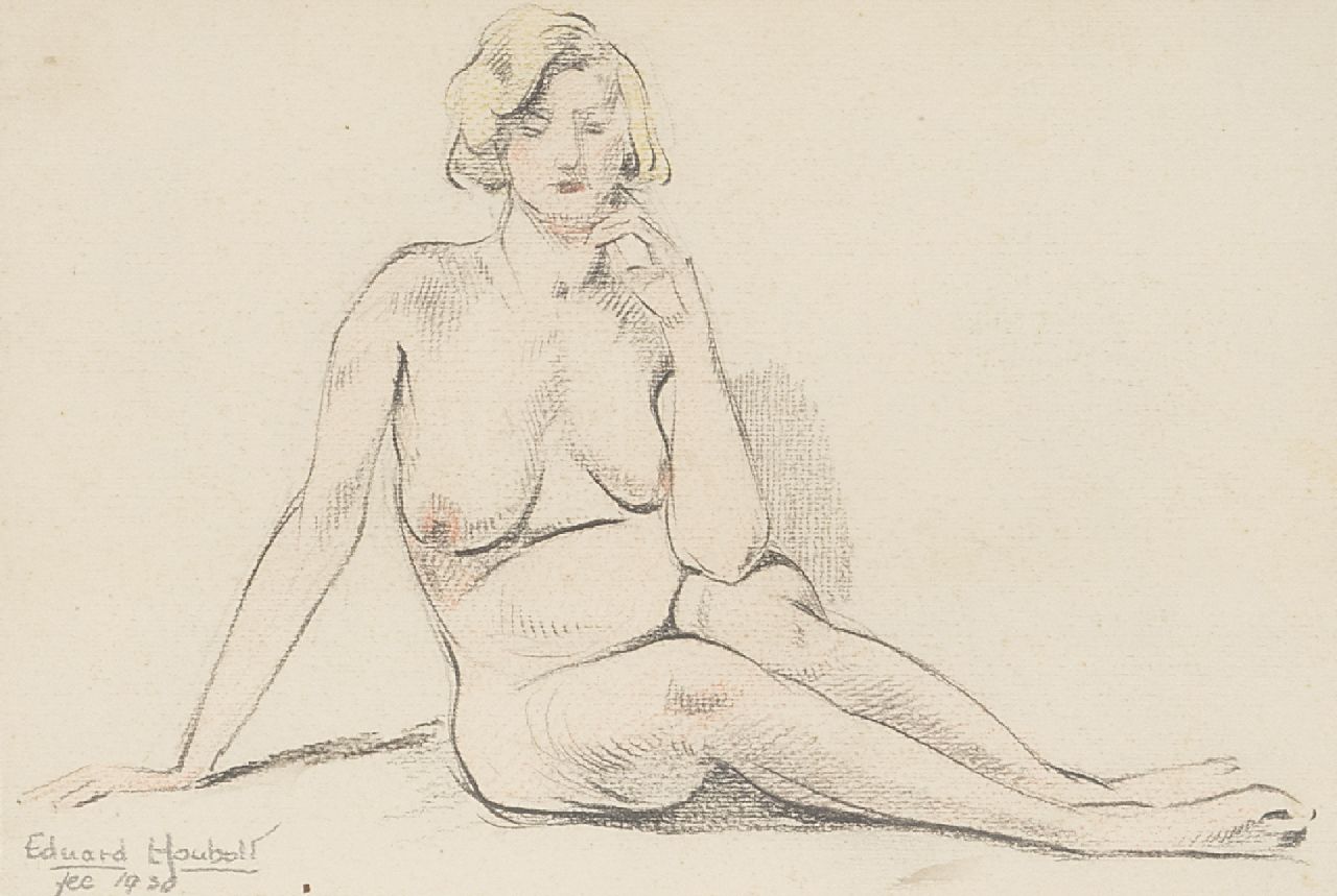 Houbolt E.  | 'Eduard' Johannes Fredericus Houbolt | Watercolours and drawings offered for sale | Setaed nude, pencil and chalk on paper 11.5 x 16.8 cm, signed l.l. and dated '30