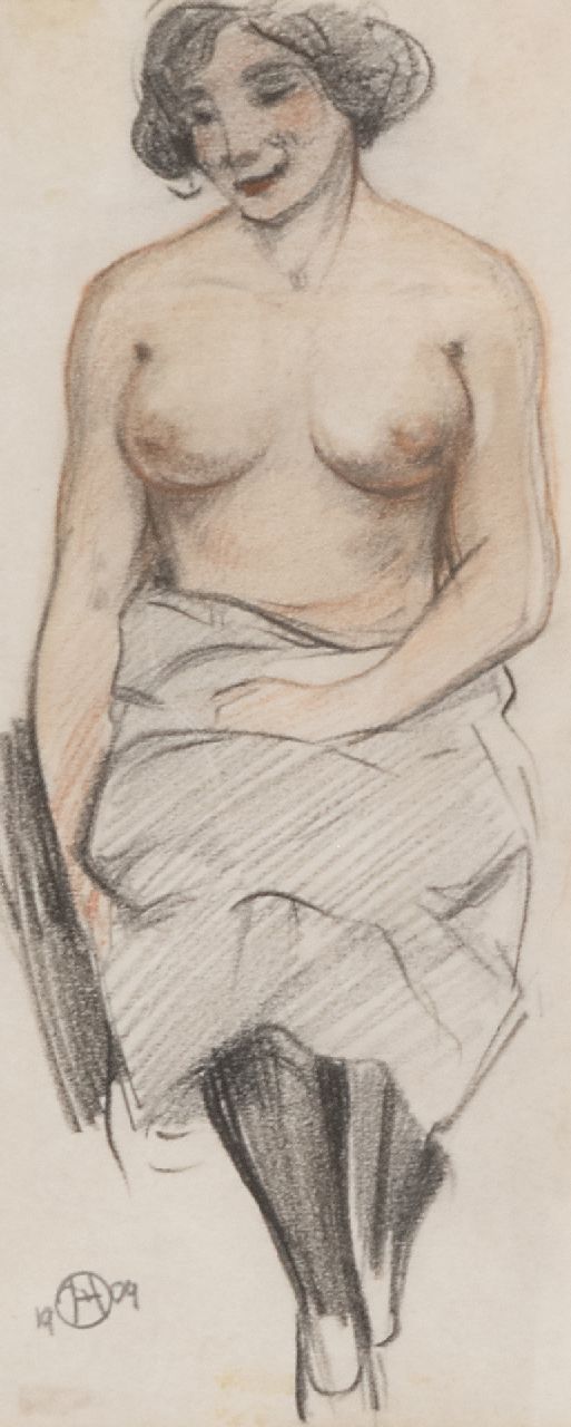 Houbolt E.  | 'Eduard' Johannes Fredericus Houbolt | Watercolours and drawings offered for sale | Seated nude, chalk on paper 19.8 x 8.2 cm, signed l.l. with monogram and dated 1909