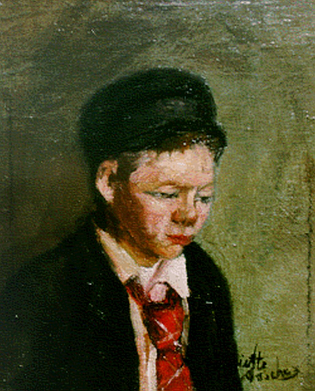 Asscher H.  | 'Henriëtte' Sophia  Asscher, A portrait of a little boy with hat, oil on canvas laid down on panel 19.8 x 17.5 cm, signed l.r.