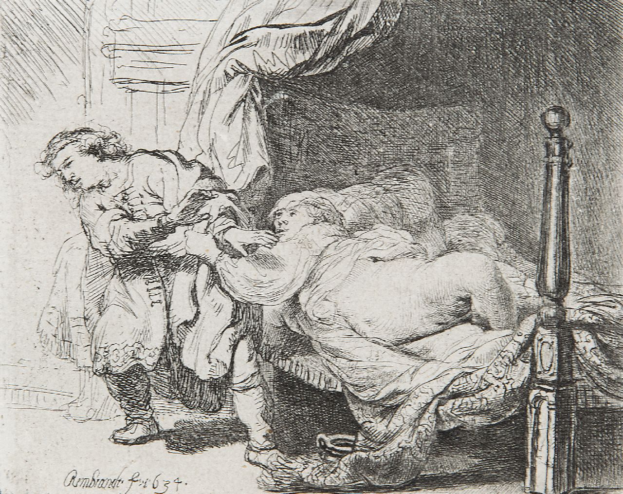 Rembrandt (Rembrandt Harmensz. van Rijn)   | Rembrandt (Rembrandt Harmensz. van Rijn) | Prints and Multiples offered for sale | Josef and Potifar's wife, etching on paper 9.0 x 11.5 cm, signed l.l. on the plate and dated on the plate 1634