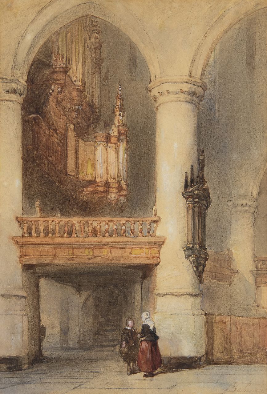 Bosboom J.  | Johannes Bosboom, Interior or the oude Kerk in Delft, chalk and watercolour on paper 28.2 x 19.5 cm, signed l.r. and ca. 1855