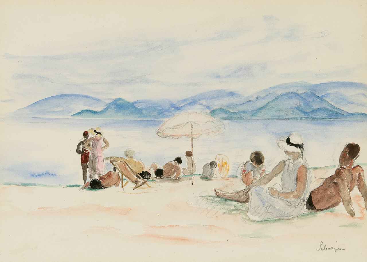 Lebasque H.  | Joseph 'Henri' Baptiste Lebasque, On the beach of Cannes, pencil and watercolour on paper 25.0 x 34.5 cm, signed l.r. and painted ca. 1930