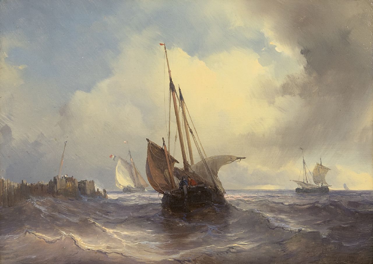Meijer J.H.L.  | Johan Hendrik 'Louis' Meijer, Sailing ships on a choppy sea, oil on panel 18.8 x 25.7 cm, signed u.r.