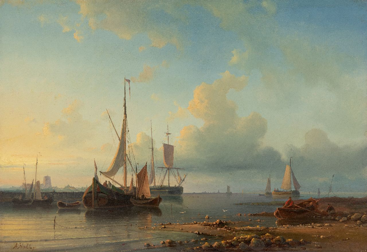 Hulk A.  | Abraham Hulk, Ships at anchor in calm waters, oil on panel 30.7 x 44.1 cm, signed l.l.