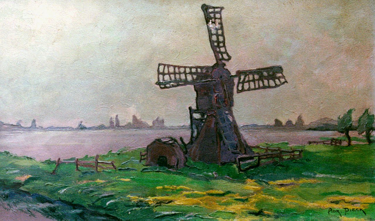 Pieck A.J.  | Adriana Jacoba 'Adri' Pieck, A windmill in a summer landscape at the Loosdrechtse Plassen, oil on canvas 30.4 x 50.2 cm, signed l.r.