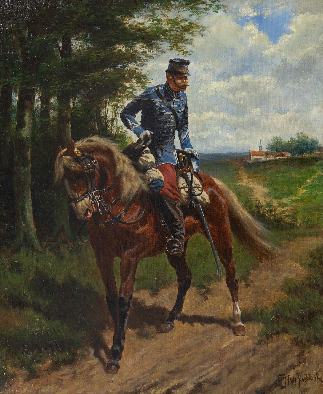 Koekkoek H.W.  | Hermanus Willem Koekkoek | Paintings offered for sale | French hussar on a reconnaissance mission, oil on canvas 51.3 x 42.3 cm, signed r.o. and painted ca. 1892