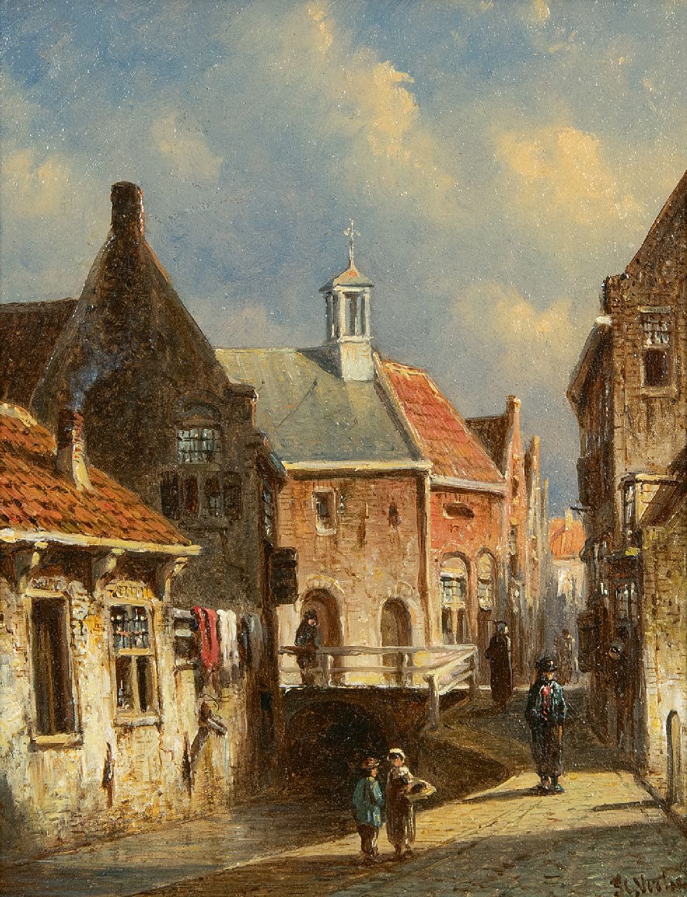 Vertin P.G.  | Petrus Gerardus Vertin | Paintings offered for sale | Sunny city canal with drying laundry -  Zakkendragershuisje en het Achterwater te Delfshaven, Rotterdam, oil on panel 19.0 x 15.0 cm, signed l.r.