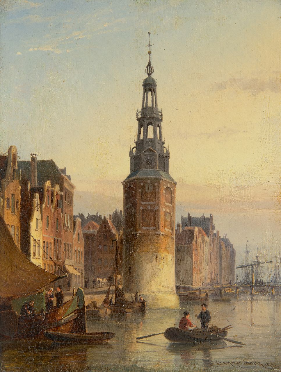 Dommelshuizen C.C.  | Cornelis Christiaan Dommelshuizen | Paintings offered for sale | View of the Montelbaanstoren, Amsterdam, oil on panel 20.9 x 15.9 cm, signed l.r. and dated 1874