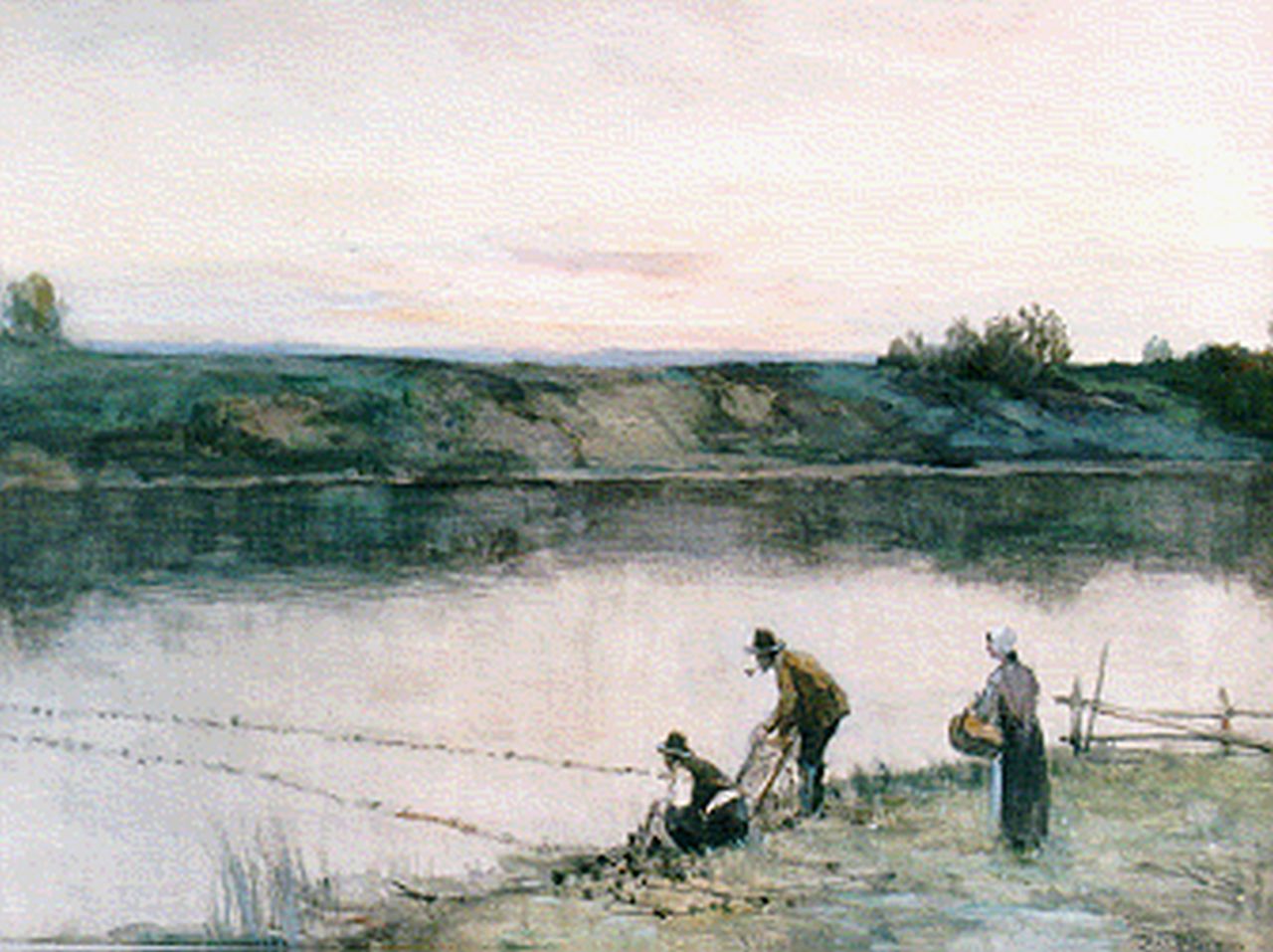 Höppe F.B.  | Ferdinand Bernhard Höppe, Anglers on the riverbank, watercolour on paper 46.5 x 64.5 cm, signed l.r.