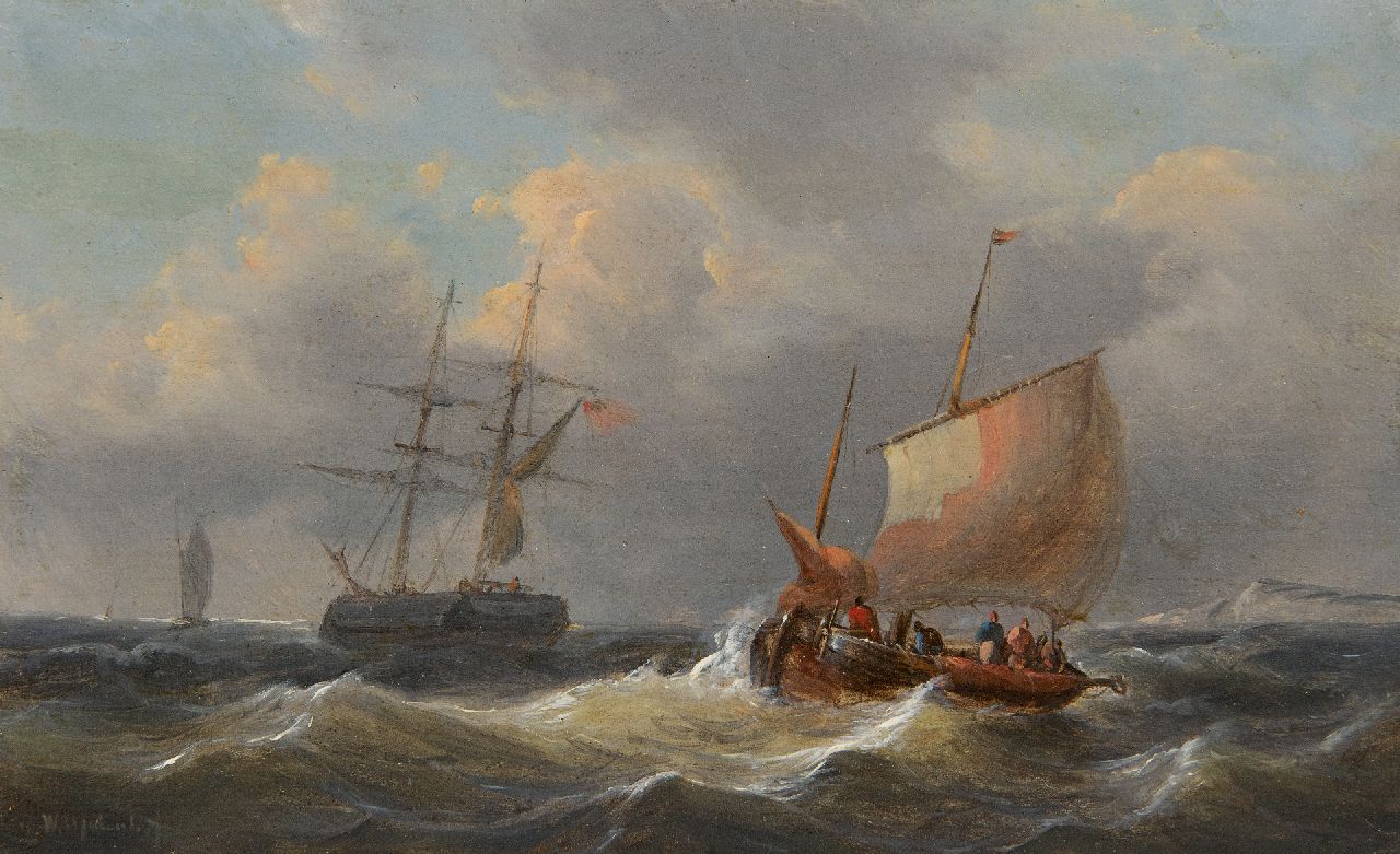 Opdenhoff G.W.  | Witzel 'George Willem' Opdenhoff | Paintings offered for sale | Sailing ships on rough seas, oil on panel 14.6 x 23.4 cm, signed l.l.