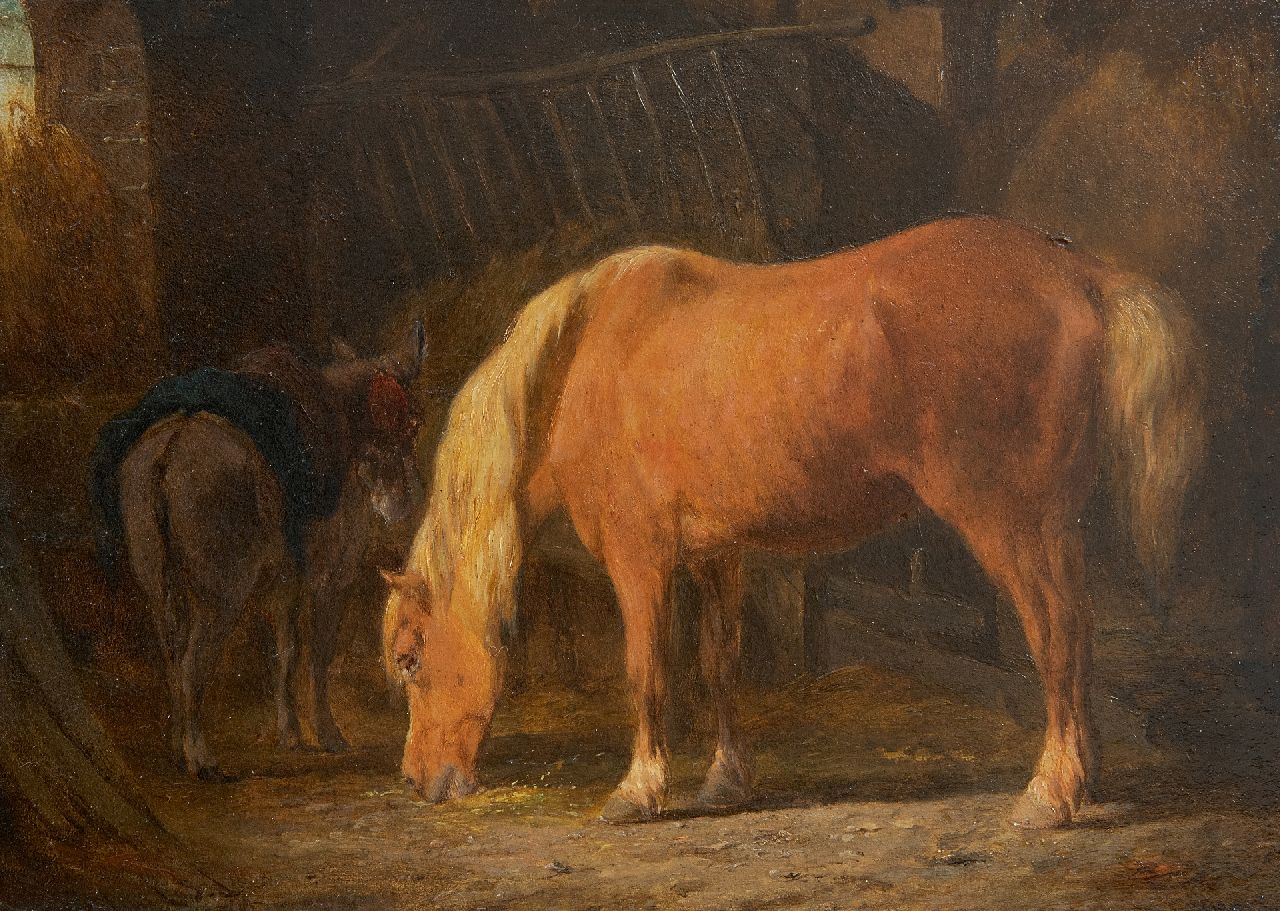 Os P.F. van | Pieter Frederik van Os | Paintings offered for sale | Horse and donkey in stable, oil on panel 16.3 x 22.4 cm, signed l.l.