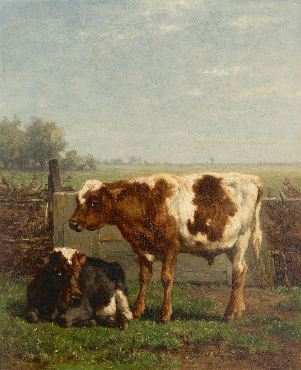 Haas J.H.L. de | Johannes Hubertus Leonardus de Haas | Paintings offered for sale | Two young cows by a fence, oil on panel 43.1 x 35.3 cm, signed l.r. and dated '70