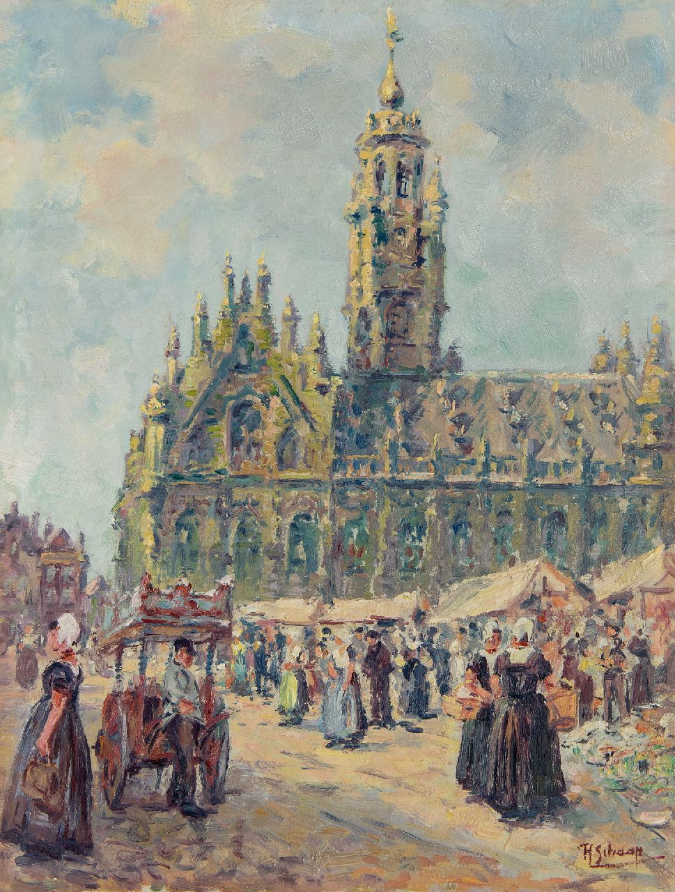 Hendrik Schaap | Market at the town hall of Middelburg, oil on painter's board, 40.7 x 30.8 cm, signed l.r.