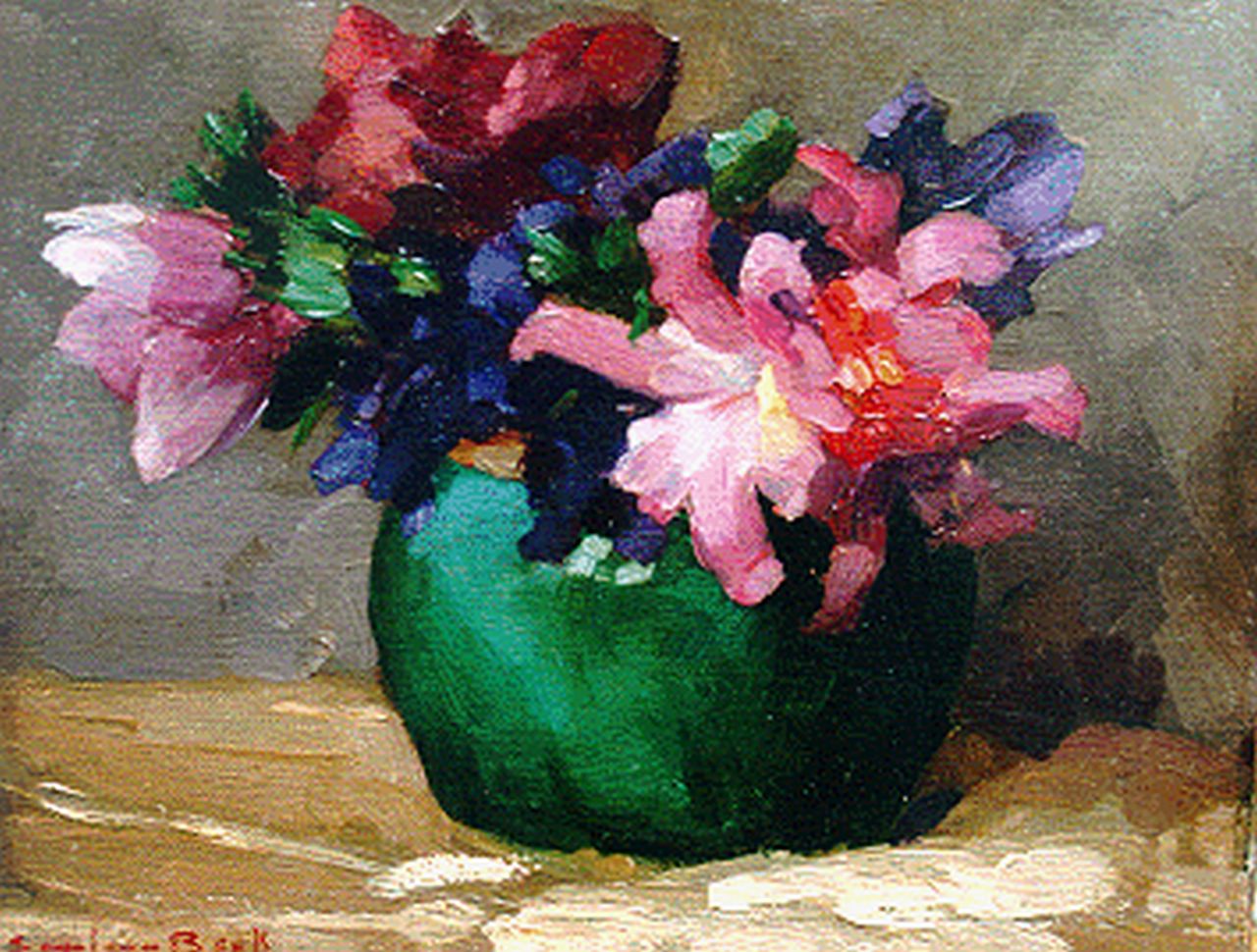 Beek S.J. van | Samuel Joseph 'Sam' van Beek, Coloured flowers in a ginger jar, oil on canvas laid down on panel 18.4 x 24.0 cm, signed l.l.