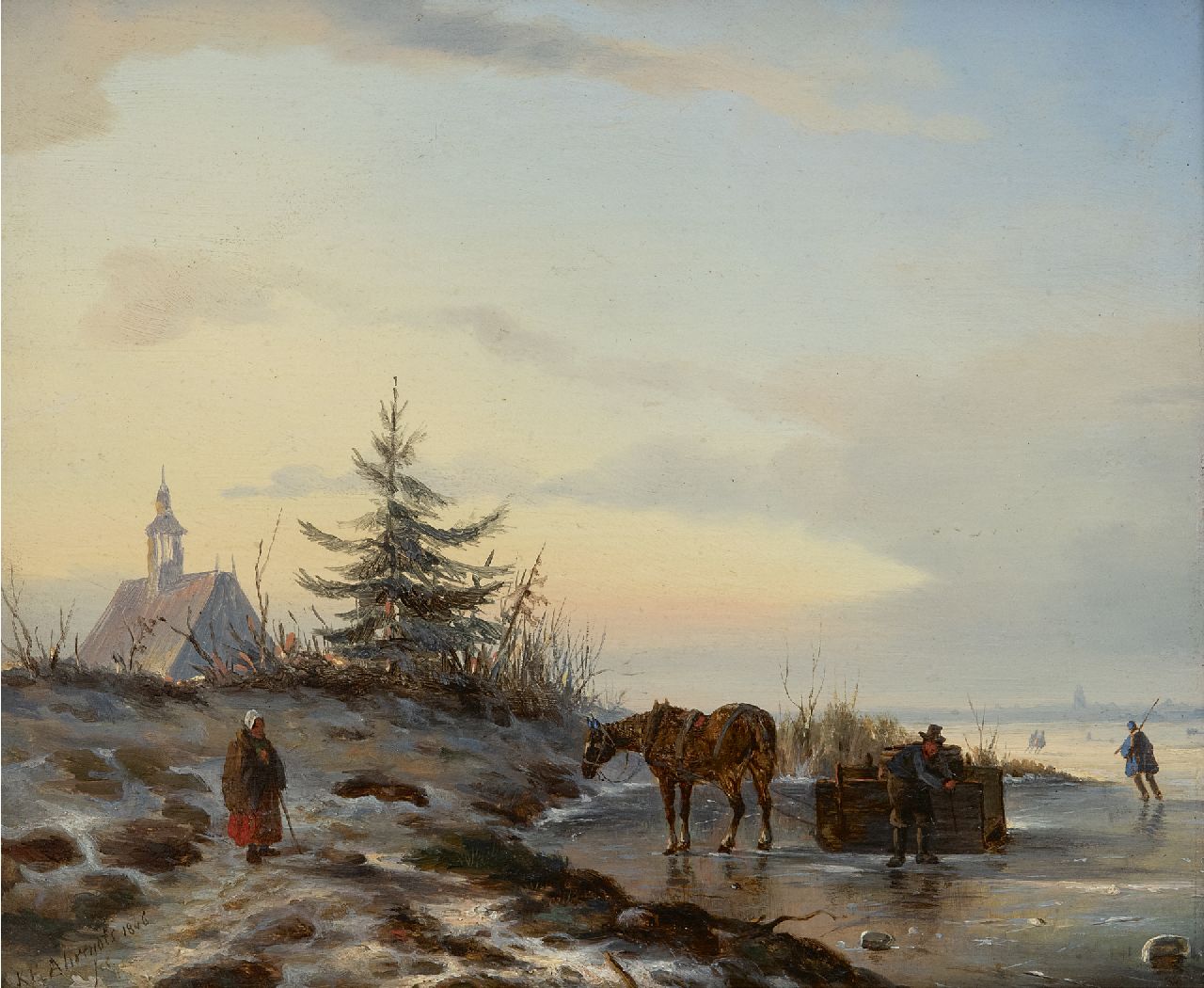 Ahrendts C.E.  | Carl Eduard Ahrendts, Horse and sledge on a frozen river, oil on panel 27.8 x 24.4 cm, signed l.l. and dated 1846
