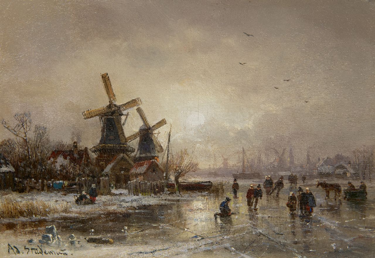 Stademann A.  | Adolf Stademann | Paintings offered for sale | Winter pleasures on ice, oil on panel 28.1 x 39.9 cm, signed l.l.