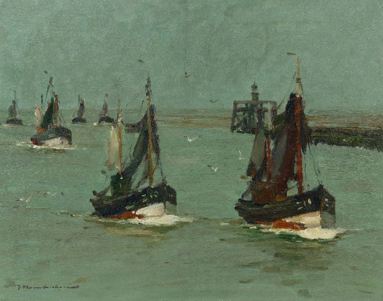 Hambüchen G.  | Georg Hambüchen | Paintings offered for sale | Incoming fishing boats, oil on canvas 40.2 x 50.4 cm, signed l.l.