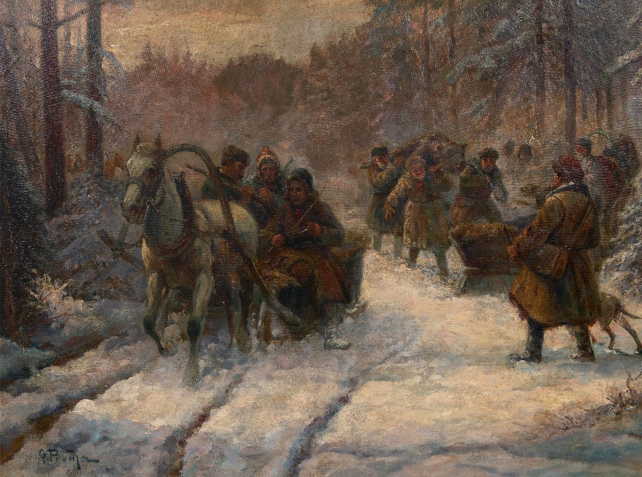 Prucha G.  | Gustav Prucha | Paintings offered for sale | Return from the bear hunt, oil on canvas 60.2 x 80.3 cm, signed l.l and without frame