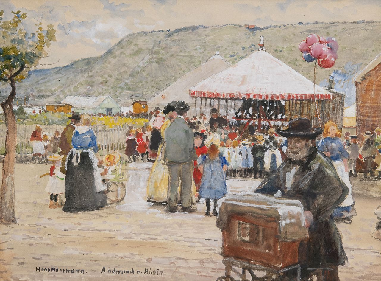 Hermann H.E.R.  | Hans Emil Rudolf Hermann | Watercolours and drawings offered for sale | Fair in Andernach at the Rhine, watercolour and gouache on paper 26.8 x 36.3 cm, signed l.l.