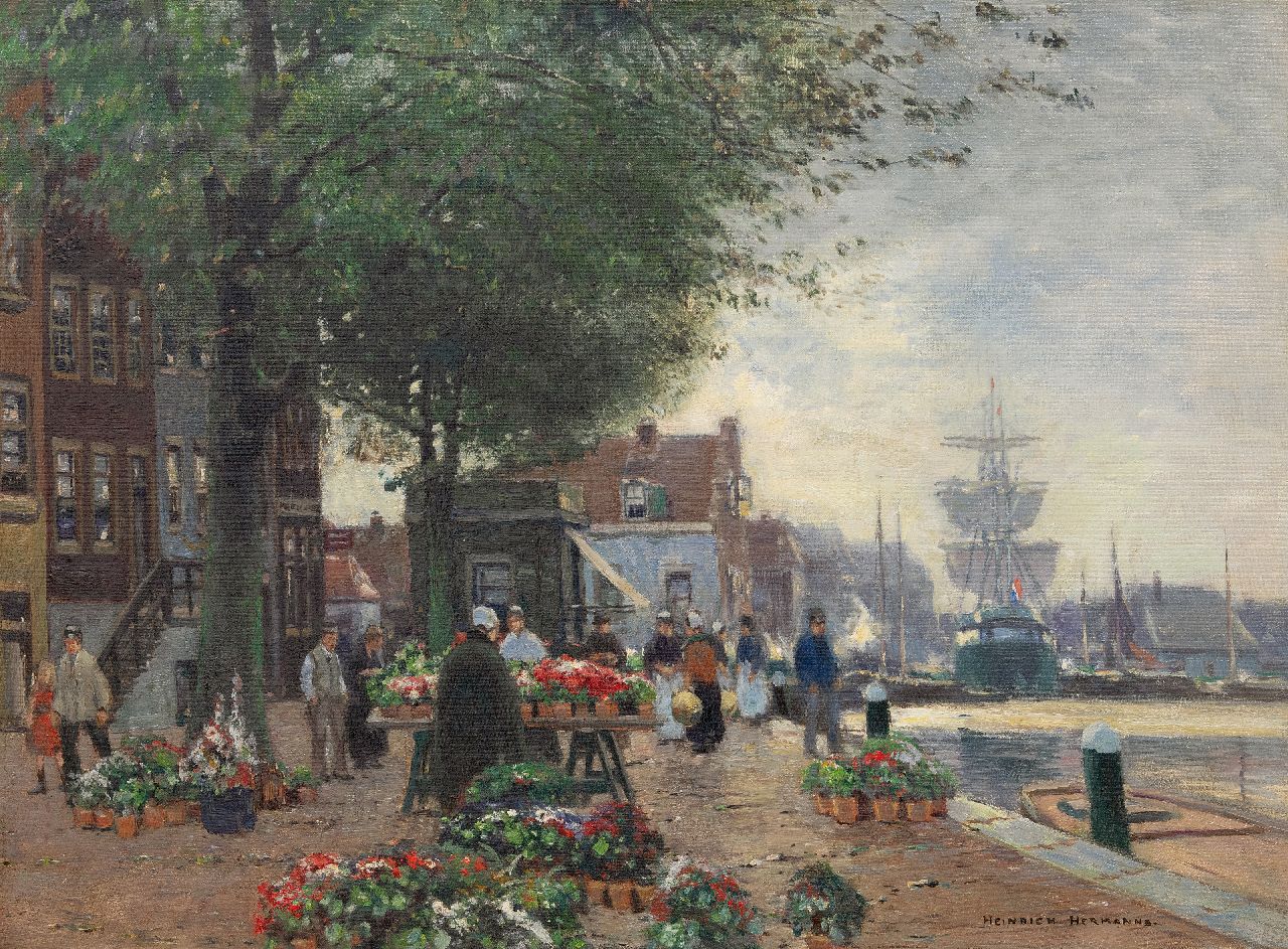 Hermanns H.  | Heinrich Hermanns | Paintings offered for sale | Flower market on a harbor quay, oil on canvas 60.8 x 81.3 cm, signed l.r.