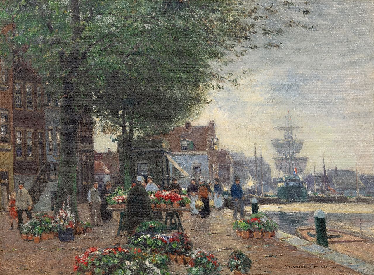 Hermanns H.  | Heinrich Hermanns | Paintings offered for sale | Flower market on a harbor quay, oil on canvas 60.5 x 80.7 cm, signed l.r.