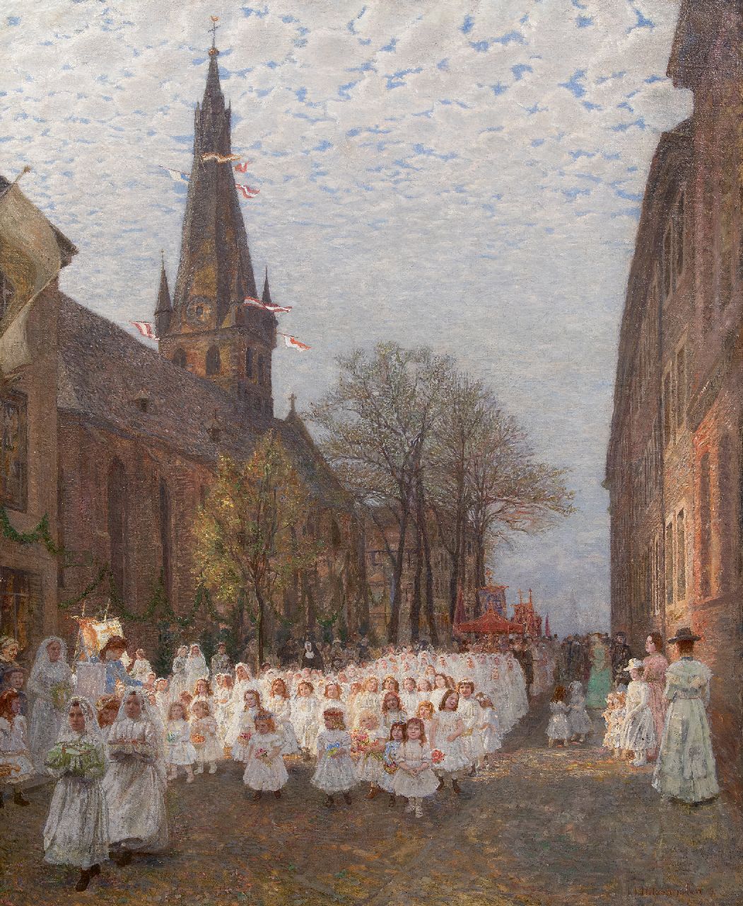 Hubert Ritzenhofen | Procession of the first communicants alongside church of St. Lambertus in Düsseldorf, oil on canvas, 116.9 x 96.0 cm, signed l.r. and dated '09