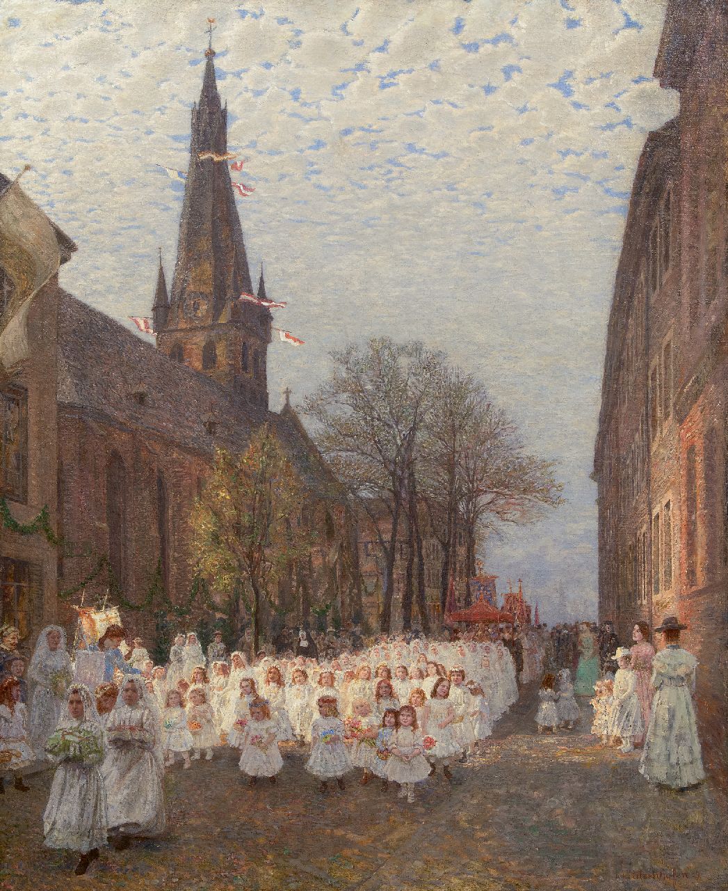 Ritzenhofen H.  | Hubert Ritzenhofen | Paintings offered for sale | Procession of the first communicants alongside church of St. Lambertus in Düsseldorf, oil on canvas 116.9 x 96.0 cm, signed l.r. and dated '09