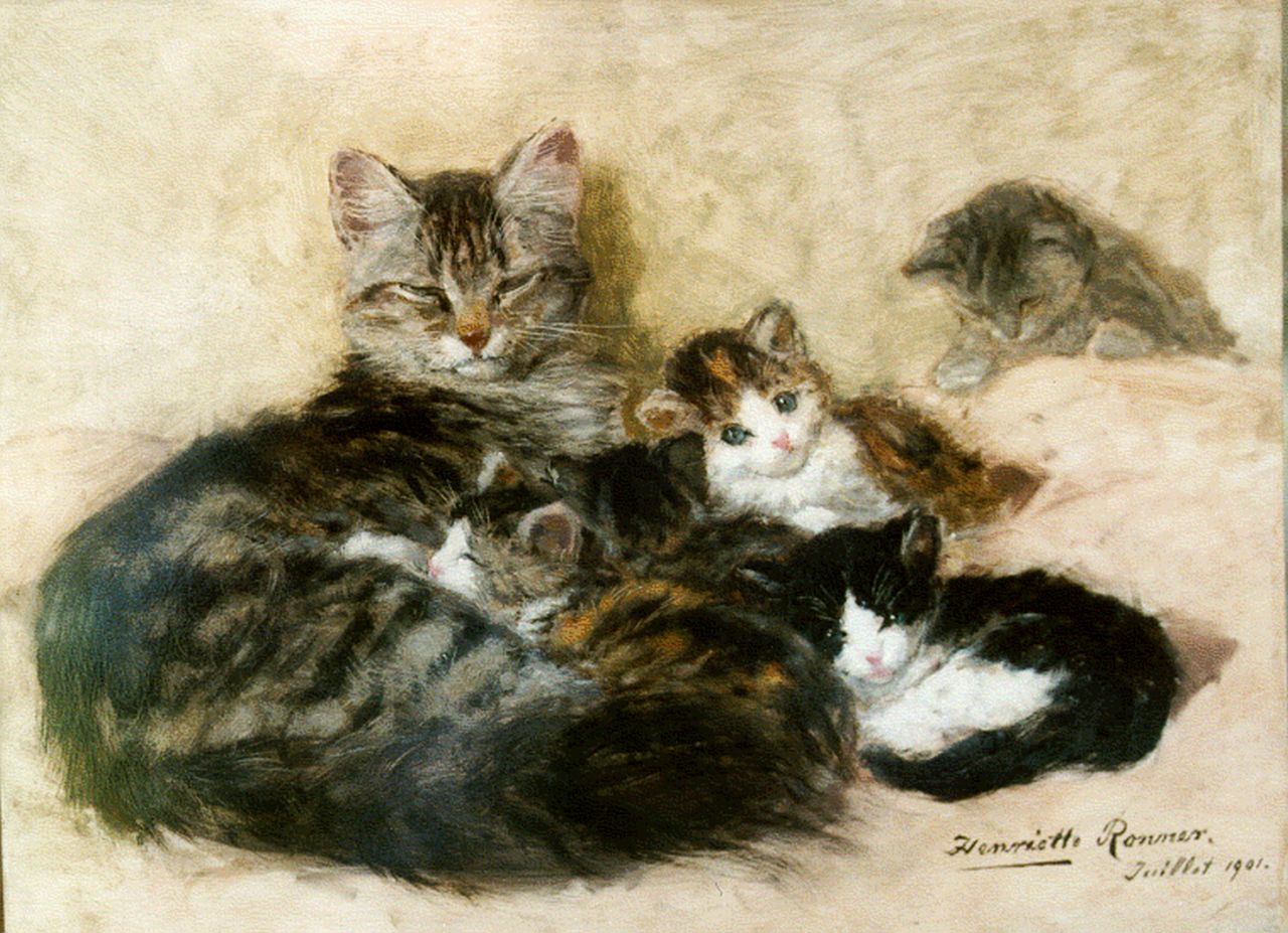 Ronner-Knip H.  | Henriette Ronner-Knip, Mother's pride, oil on panel 33.7 x 45.2 cm, signed l.r. and dated Juillet 1901