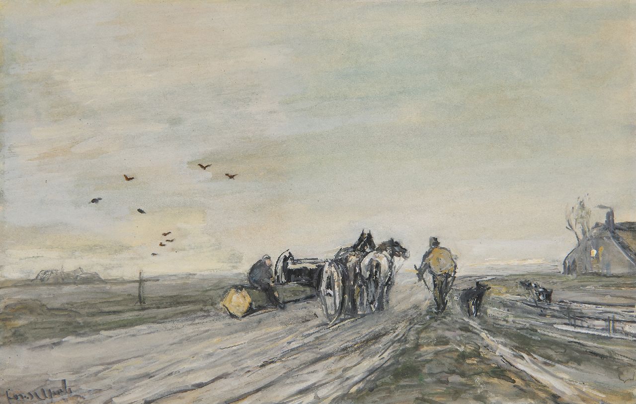 Apol L.F.H.  | Lodewijk Franciscus Hendrik 'Louis' Apol | Watercolours and drawings offered for sale | Lumbermen with wagon in a winter landscape, watercolour and gouache on paper 15.7 x 24.7 cm, signed l.l.